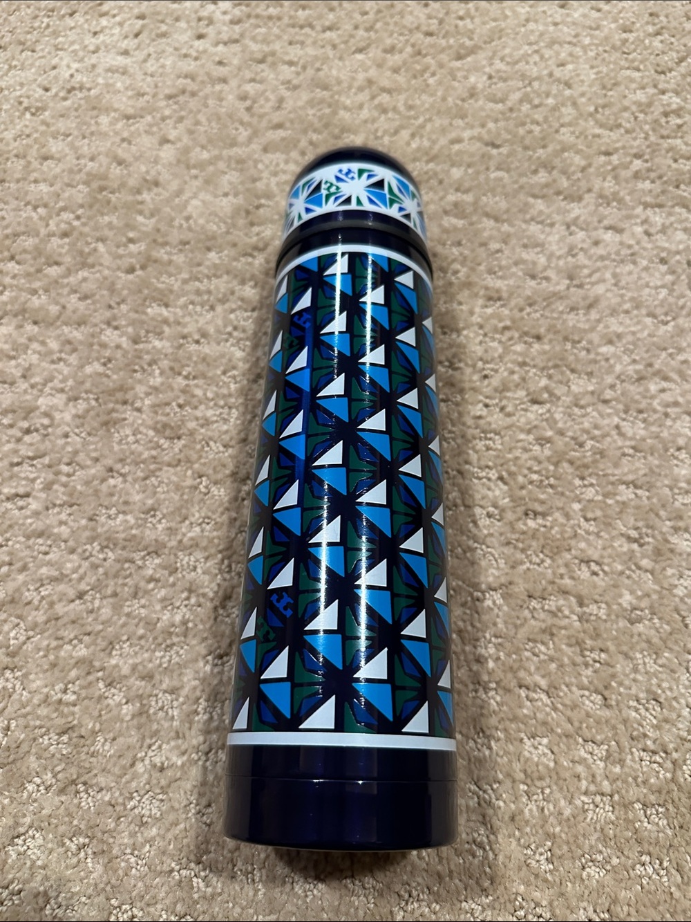 Tory Burch Navy, Teal & White Geometric Stainless Water Bottle